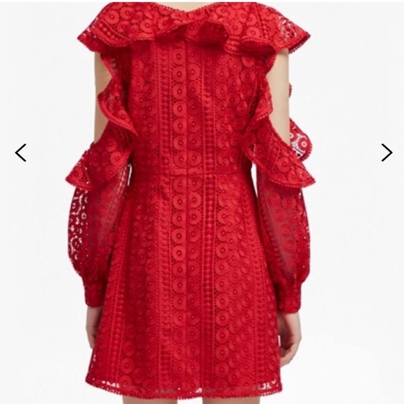 French Connection Lace Red Balloon Sleeve V-Neck Dress - Picture 3 of 13